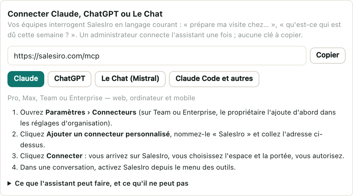 Connexion de Claude, ChatGPT ou Le Chat à SalesIro : adresse du connecteur et étapes