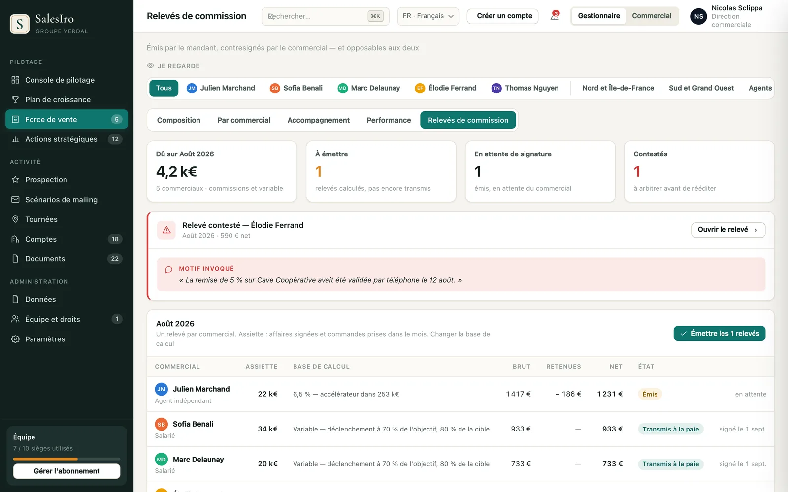 Relevés de commission : dû du mois, relevés émis, contestés, détail par commercial