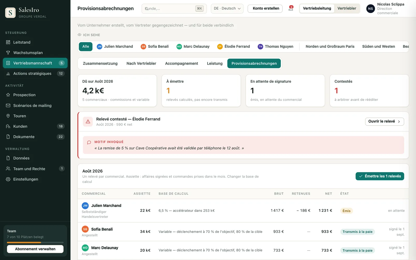 Provisionsabrechnungen: fällig im Monat, ausgestellte und beanstandete Abrechnungen, Aufschlüsselung pro Vertriebler
