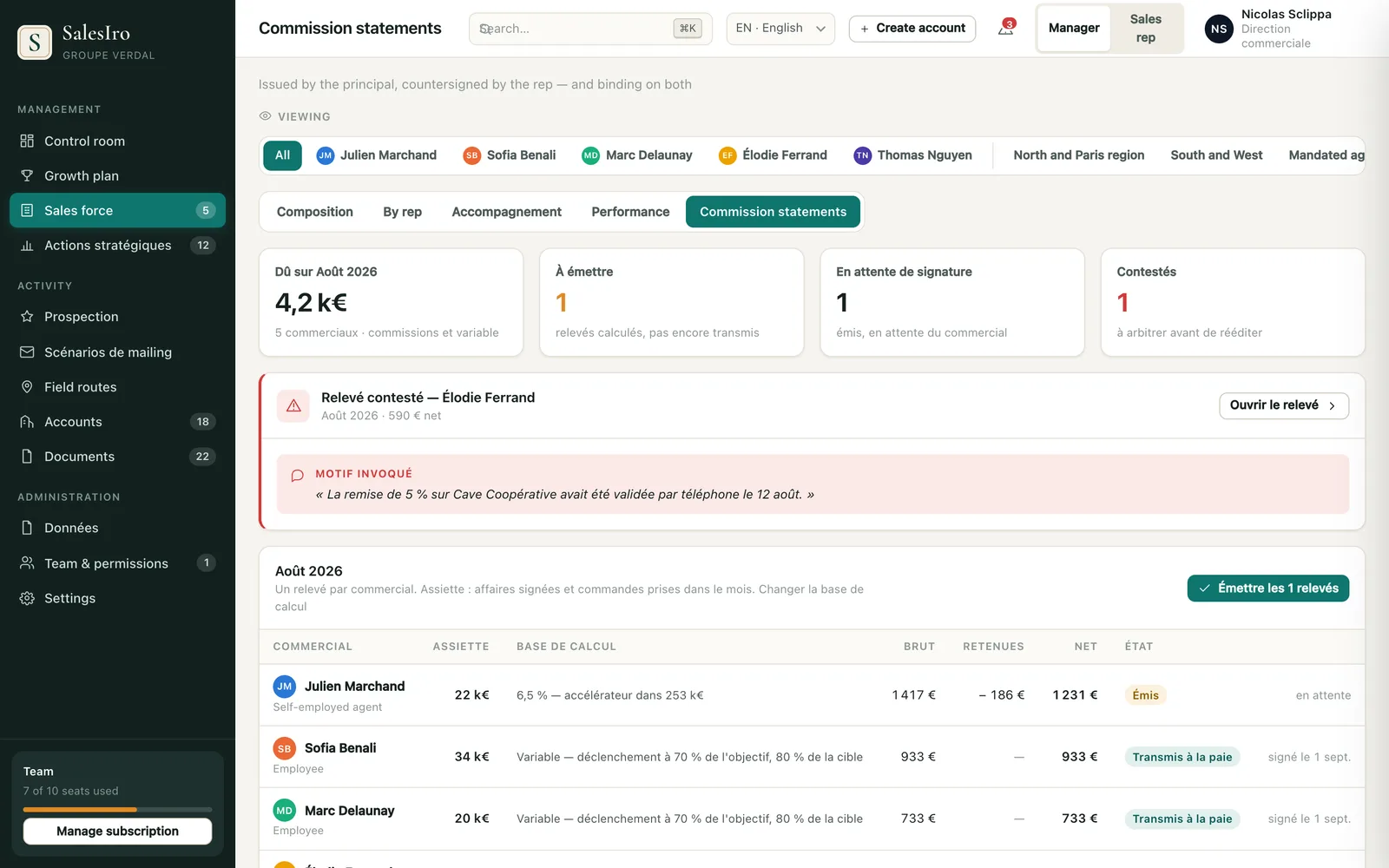 Extratos de comissões: devido do mês, extratos emitidos, contestados, detalhe por comercial