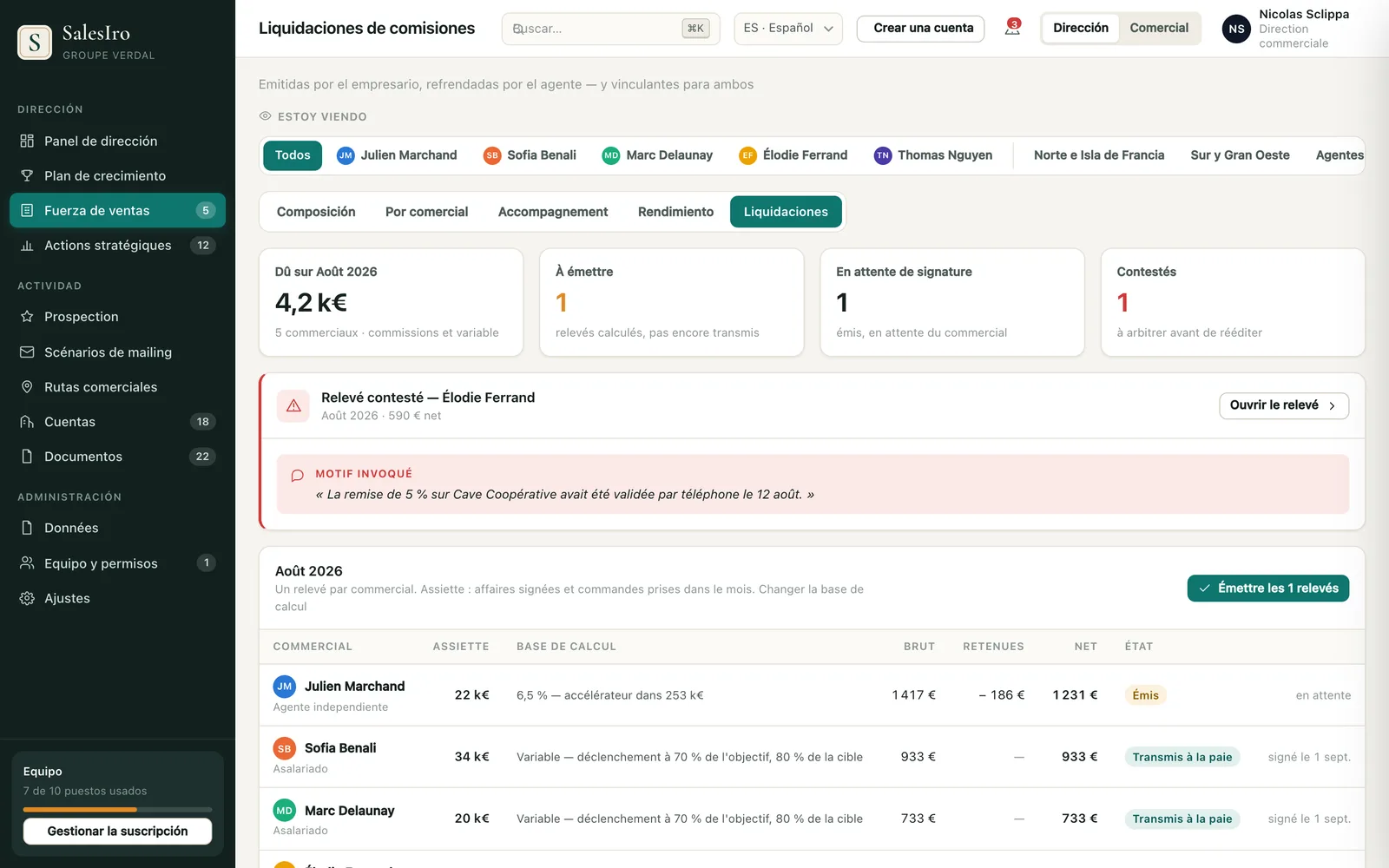 Liquidaciones de comisiones: importe del mes, liquidaciones emitidas, impugnadas, detalle por comercial